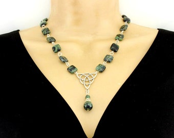 Necklace w/ Kambaba Jasper Beads, Magnetic Clasp Available, 18 Inches, Green Celtic Necklace with Gemstones, Celtic Knot Pendant