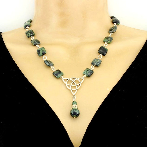 Necklace w/ Kambaba Jasper Beads, Magnetic Clasp Available, 18 Inches, Green Celtic Necklace with Gemstones, Celtic Knot Pendant