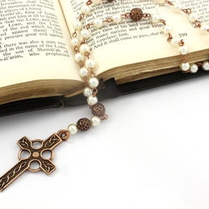 Anglican Prayer Beads with Celtic Cross, Swaravski or Czech Pearl Rosary, Anglican Rosary, Antique Copper Rosary, Protestant Rosary image 4