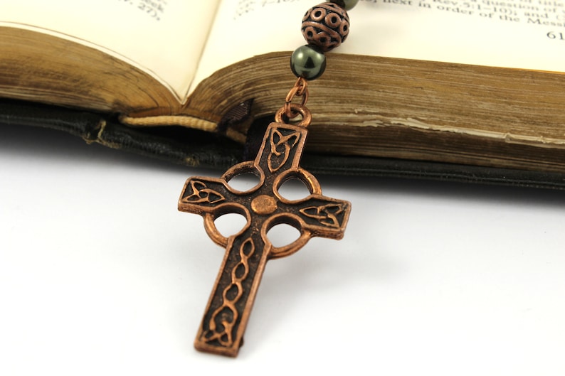 Anglican Prayer Beads with Celtic Cross, Swaravski or Czech Pearl Rosary, Anglican Rosary, Antique Copper Rosary, Protestant Rosary image 3