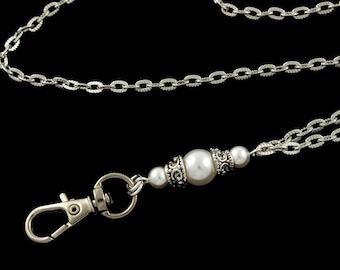 Pearl ID Badge Lanyard Necklace: Silver Plated Chain, Breakaway Teacher Lanyard