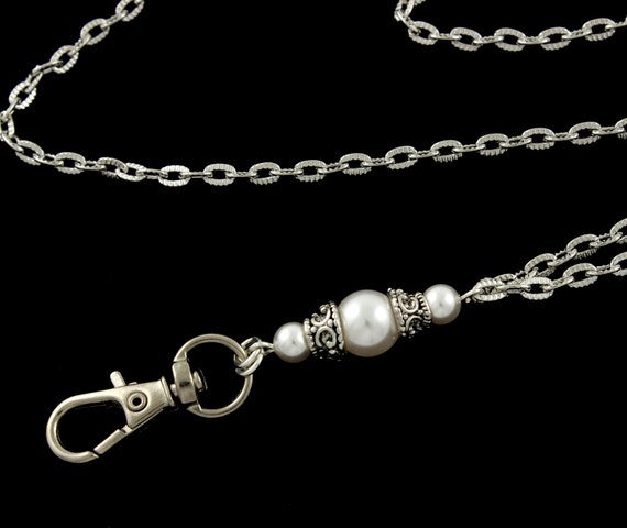 Pearl ID Badge Lanyard Necklace: Silver Plated Chain, Breakaway