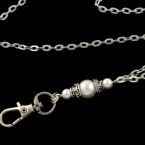 Women's ID Badge Holder Lanyard Necklace, Pearl Lanyard, ID Badge Holder, Breakaway Lanyard, Teacher Gift, Student Lanyard, Badge Holder