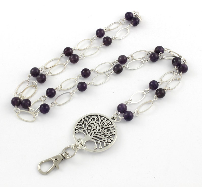 Lanyard Necklace ID Badge with Silver Tree of Life and Amethyst Gemstones Pretty Keychain Teacher Gift