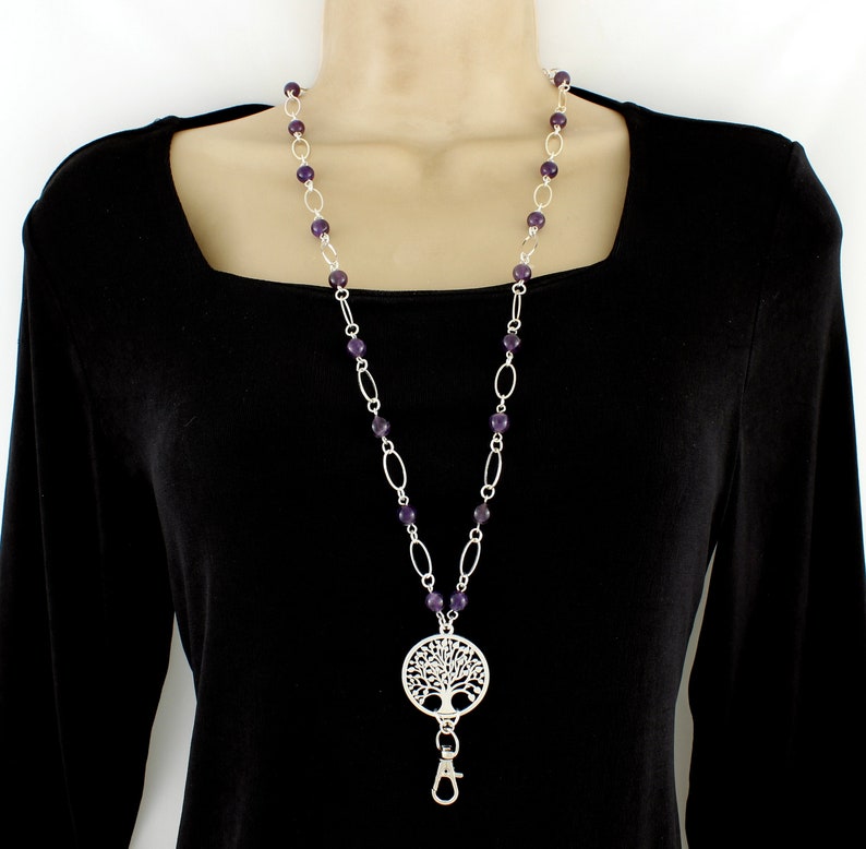 Lanyard Necklace ID Badge with Silver Tree of Life and Amethyst Gemstones Pretty Keychain Teacher Gift