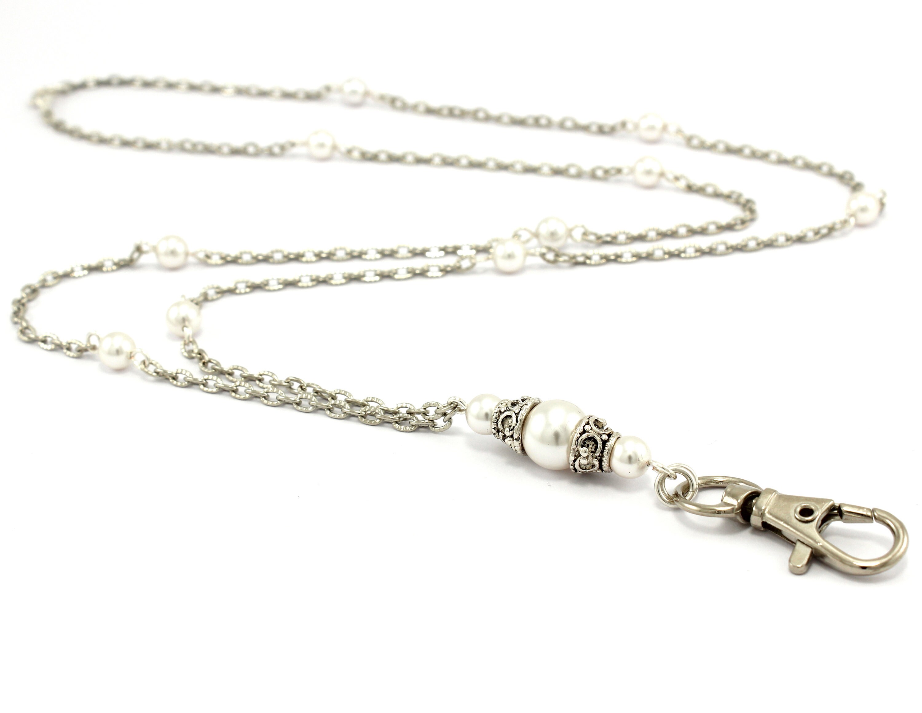 Pearl ID Badge Lanyard: Silver Chain Necklace with Breakaway Clasp