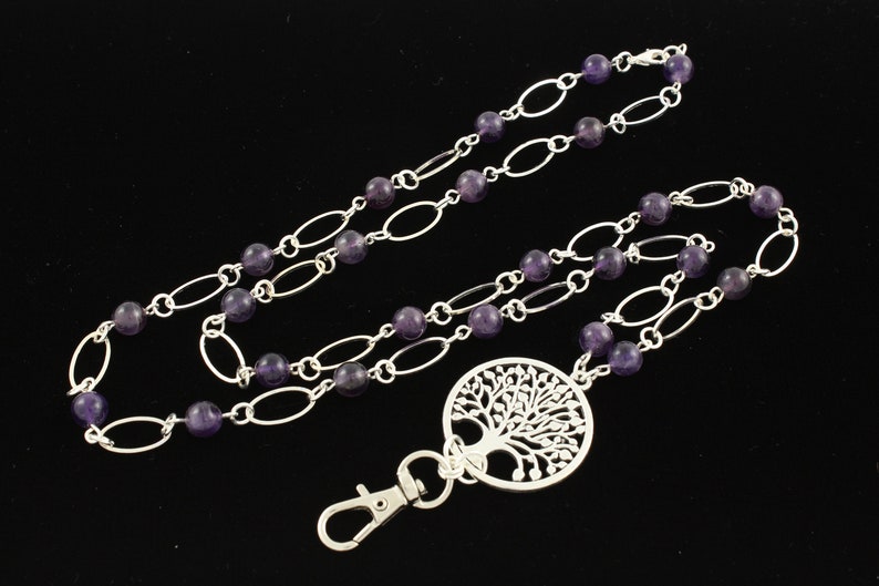 Lanyard Necklace ID Badge with Silver Tree of Life and Amethyst Gemstones Pretty Keychain Teacher Gift