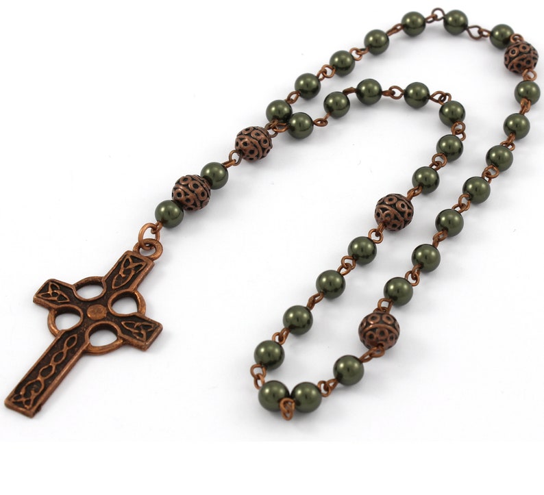 Anglican Prayer Beads with Celtic Cross, Swaravski or Czech Pearl Rosary, Anglican Rosary, Antique Copper Rosary, Protestant Rosary image 1