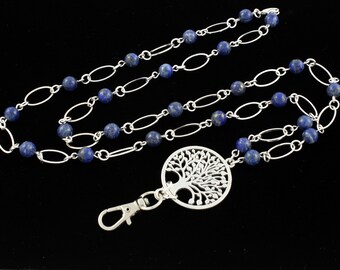 CLEARANCE - Lanyard Necklace ID Badge with Silver Tree of Life and Lapis Lazuli Gemstones, Teacher Gift, Pretty Keychain