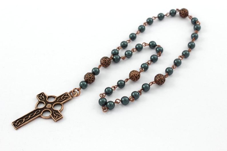 Anglican Prayer Beads with Celtic Cross, Swaravski or Czech Pearl Rosary, Anglican Rosary, Antique Copper Rosary, Protestant Rosary image 6