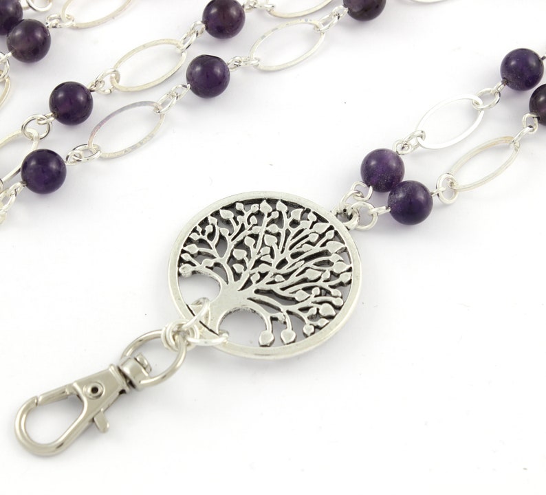 Lanyard Necklace ID Badge with Silver Tree of Life and Amethyst Gemstones Pretty Keychain Teacher Gift