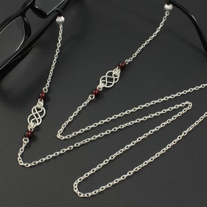Womens Fashion Eye Glasses Necklace / Chain with Handcrafted Silver Celtic Knots and Glass Beads, Fits Most Glasses, Designer Chain