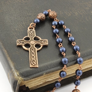 Anglican Prayer Beads with Celtic Cross, Swaravski or Czech Pearl Rosary, Anglican Rosary, Antique Copper Rosary, Protestant Rosary image 5