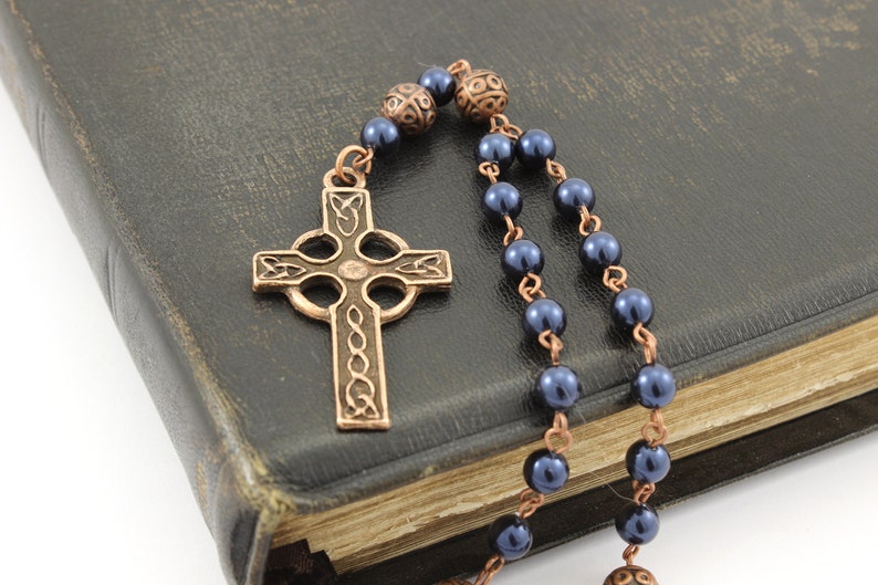 Anglican Prayer Beads with Celtic Cross, Swaravski or Czech Pearl Rosary, Anglican Rosary, Antique Copper Rosary, Protestant Rosary image 5