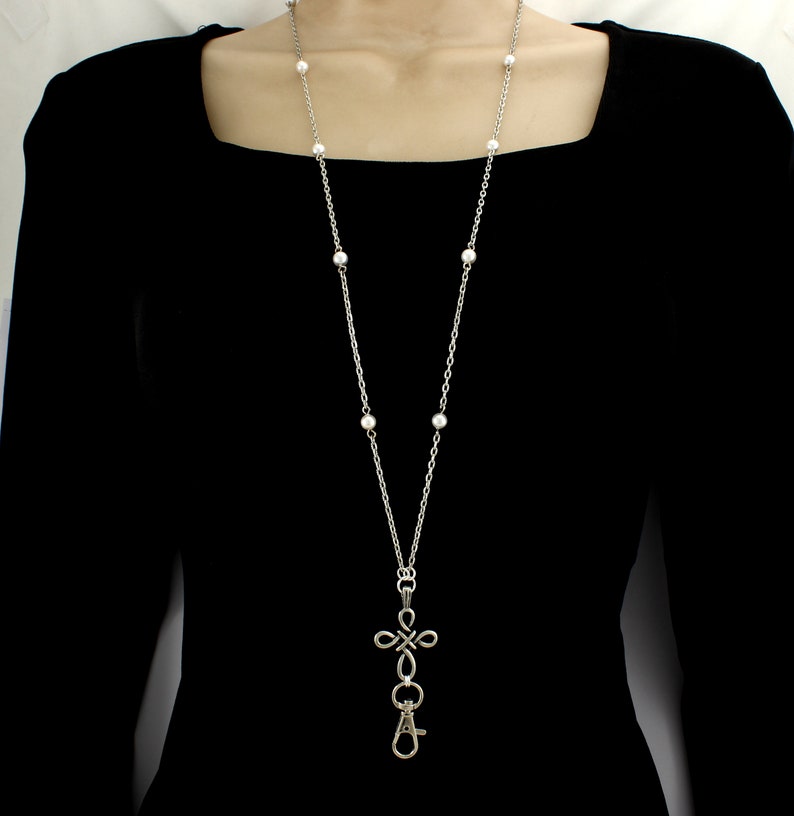 Fashionable Cross Pendant ID Badge Lanyard in Silver Pretty Etsy