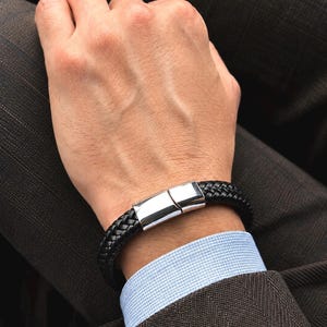 Personalized Braided Leather Bracelet for Men - Laser Engraved Magnetic Clasp