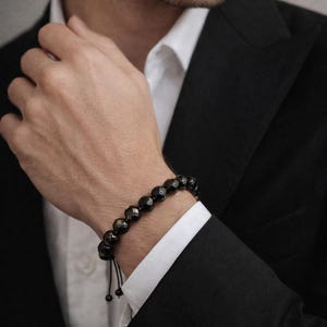 Men’s Faceted Beaded Bracelet – Adjustable Macrame Cord, Healing Energy Stone Bracelet/Gemstone Jewelry Gift