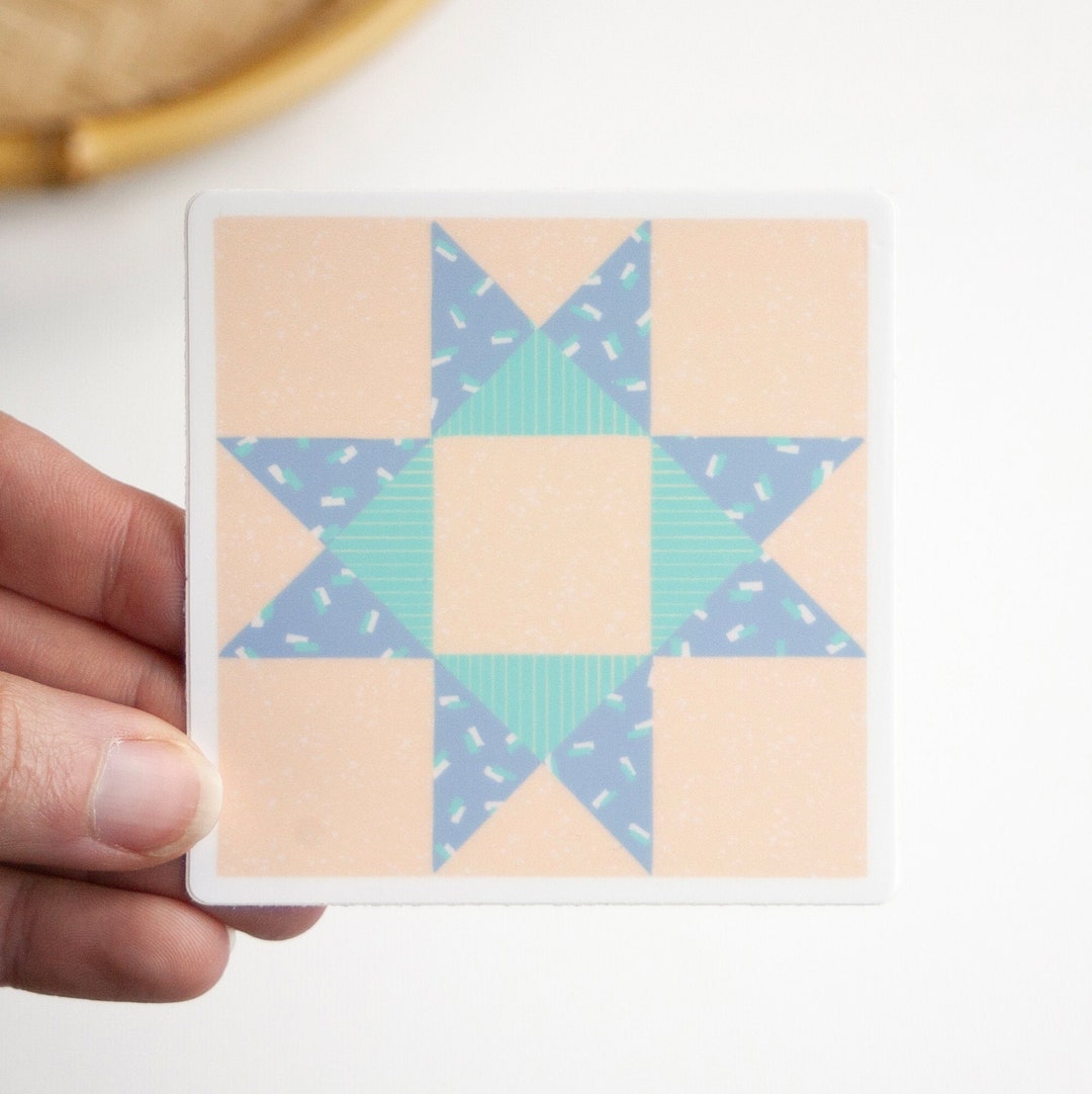 Quilt Block Sticker, Ohio Star Quilt Block, Blue Peach Teal, Square ...