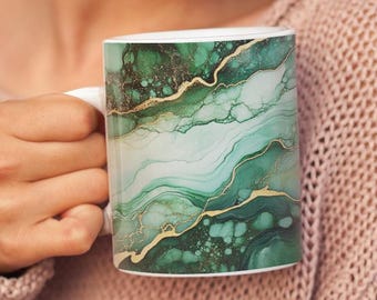 Green Marble Ceramic Coffee Mug - Modern Minimalist 11oz Cup