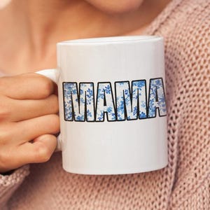 Blue Toile Mama Mug: Elegant Farmhouse Coffee Cup - 11oz Ceramic