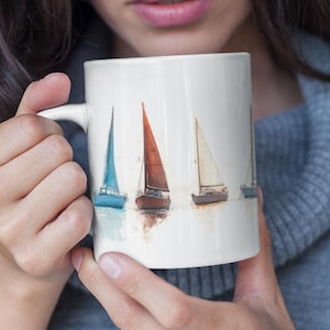 Beach Boat Mug Nautical Coffee Mug with Ocean Boat Design Coastal Decor Gift Seaside Coffee Cup 11oz Size