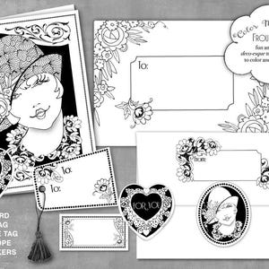 downloads digitais e imprimíveis das minhas meninas froufrou desenhadas à mão, inspiradas no estilo vintage e no estilo déco, em cartões e páginas para colorir, criar e enfeitar!