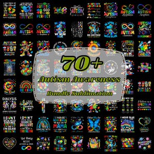 Puede incluir: Una colección de más de 70 diseños de sublimación con el tema de la concienciación sobre el autismo. Los diseños presentan gráficos coloridos, texto y símbolos, incluyendo piezas de rompecabezas, mariposas y el símbolo del infinito, sobre un fondo negro.