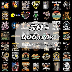 Puede incluir: Un conjunto de más de 50 diseños temáticos de billar, perfectos para sublimación. Los diseños presentan varios gráficos, incluyendo bolas de billar, tacos y frases humorísticas. Los diseños son de varios colores y estilos, adecuados para ropa y accesorios.