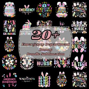 Puede incluir: Una colección de más de veinte diseños coloridos con orejas de conejito de Pascua y símbolos médicos. Los diseños incluyen las palabras "Emergency Department", "ER Nurse" y "ER Tech" en varias fuentes, perfectos para proyectos de sublimación.