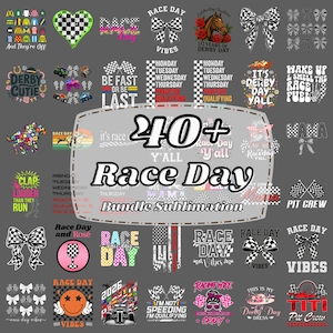 Puede incluir: Un conjunto de más de 40 diseños de sublimación con temática de Race Day. Los diseños incluyen banderas a cuadros, lazos, caballos y texto como "Race Day Vibes" y "Derby Day".
