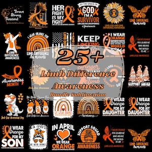Puede incluir: Una colección de diseños en naranja y negro para la concienciación sobre las diferencias en las extremidades. Los diseños incluyen texto como "Yo uso naranja", "Su lucha es mi lucha" y "Support Squad".