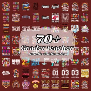 Puede incluir: Una colección de más de 70 diseños de sublimación para profesores de primaria. Los diseños presentan texto y gráficos coloridos para varios grados, incluyendo "First Grade Rocks" y "Third Grade Era."