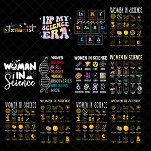 Puede incluir: Una colección de diseños con temática científica sobre un fondo negro. Los diseños incluyen textos como "STEMinist", "In My Science Era" y "Women in Science", junto con imágenes de elementos y figuras científicas.