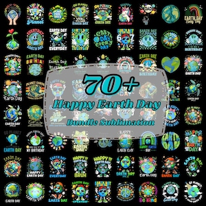 Puede incluir: Un conjunto de más de 70 diseños temáticos del Día de la Tierra. Los diseños presentan globos terráqueos con diversas expresiones, texto y gráficos. El texto incluye frases como "Happy Earth Day" y "Be Kind".
