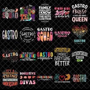 Puede incluir: Una colección de diseños gráficos con texto relacionado con la gastroenterología. Los diseños incluyen frases como "Gastro Squad", "Gastro Nurse" y "Digestive Divas", en varias fuentes y colores, adecuados para ropa y accesorios.