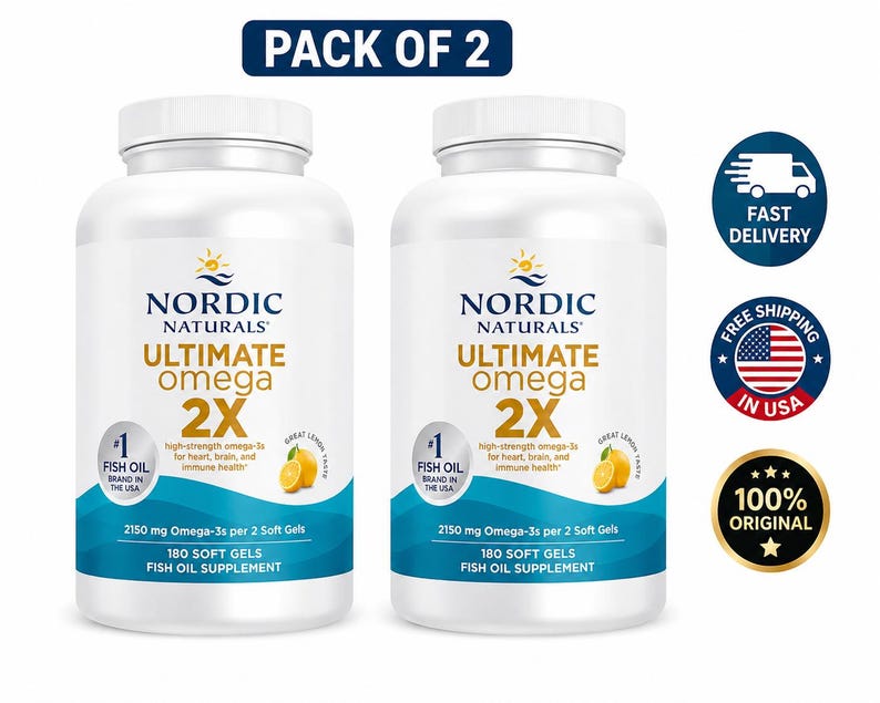 May include: Two white bottles of Nordic Naturals Ultimate Omega 2X fish oil supplements. Each bottle contains 180 soft gels and features a lemon illustration. The label highlights high-strength omega-3s for heart, brain, and immune health.