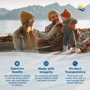 May include: A family of three is shown outdoors, with a woman, a man, and a baby. The adults are wearing knit hats and sweaters. The baby is wearing a patterned onesie and a knit cap. The background features mountains and water. Text at the bottom reads "Superior Quality", "Made with Integrity", and "Product Transparency".