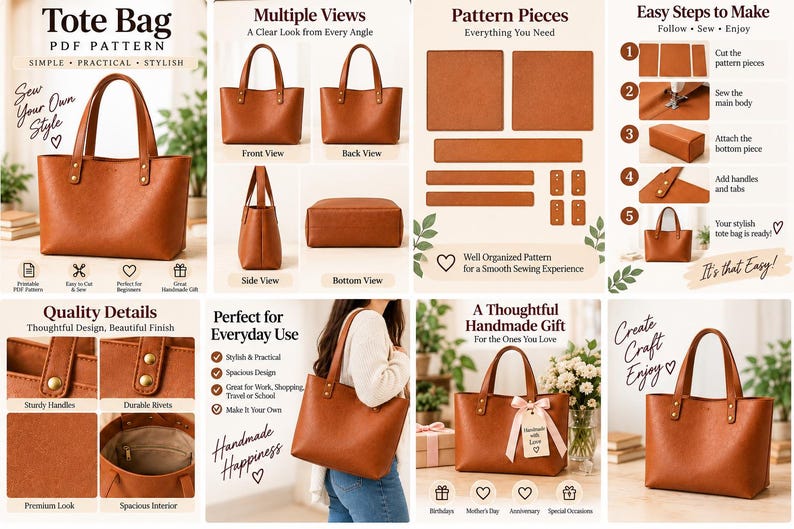 Leather Tote Bag Pattern, DIY Leathercraft Template (PDF Download) - Etsy