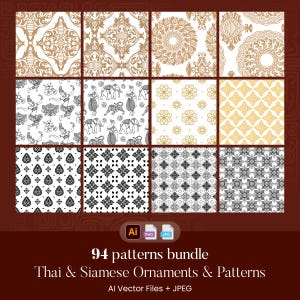 May include: A collection of 12 patterned designs in gold, black, and white. The patterns include floral, geometric, and cultural motifs. The image also includes the text "94 patterns bundle Thai & Siamese Ornaments & Patterns AI Vector Files + JPEG."