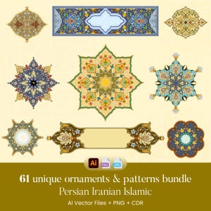 May include: A selection of 61 unique Persian Iranian Islamic ornaments and patterns. The designs showcase detailed floral and geometric patterns in shades of blue, gold, and green. The image includes vector files in AI, PNG, and JPG formats.