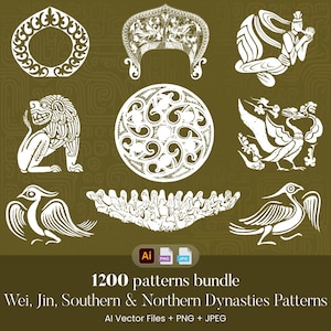 May include: A selection of white vector patterns on a dark olive-green backdrop. The patterns include a lion, birds, and circular designs. The image also includes the text "1200 patterns bundle Wei, Jin, Southern & Northern Dynasties Patterns".