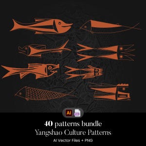 May include: A collection of stylized orange fish illustrations on a black background. The image includes the text "40 patterns bundle Yangshao Culture Patterns AI Vector Files + PNG". The fish designs vary in shape and detail, with some featuring intricate patterns.