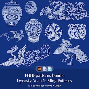 Peut inclure: Illustrations de motifs chinois traditionnels en trait blanc, dont des dragons, des phénix et des vases, sur fond bleu foncé. Le texte "1400 patterns bundle Dynasty Yuan & Ming Patterns AI Vector Files + PNG + JPEG" est également présent.