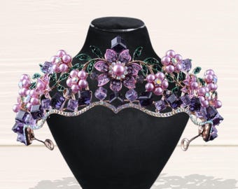 Purple Rhinestone Bridal Gold Crown, Pageant Women Elegant Purple Tiara, Wedding Hairband Sweet Girl