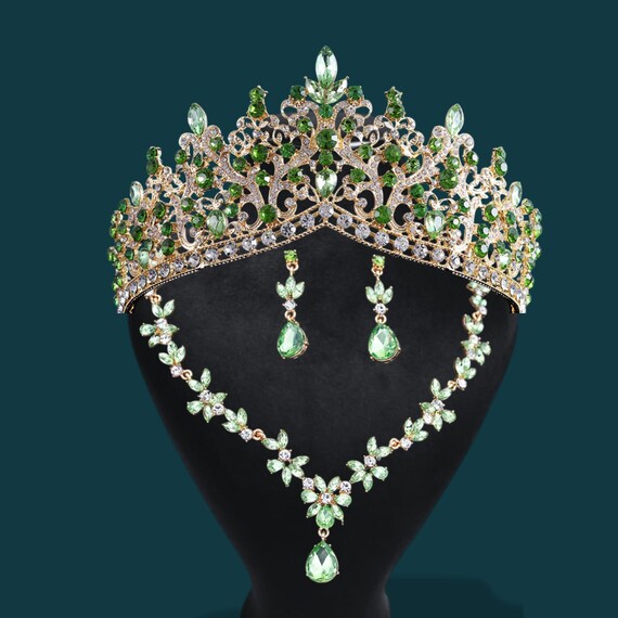 Elegant Green Rhinestone Crown and Jewelry Set — Bridal  display picture 1