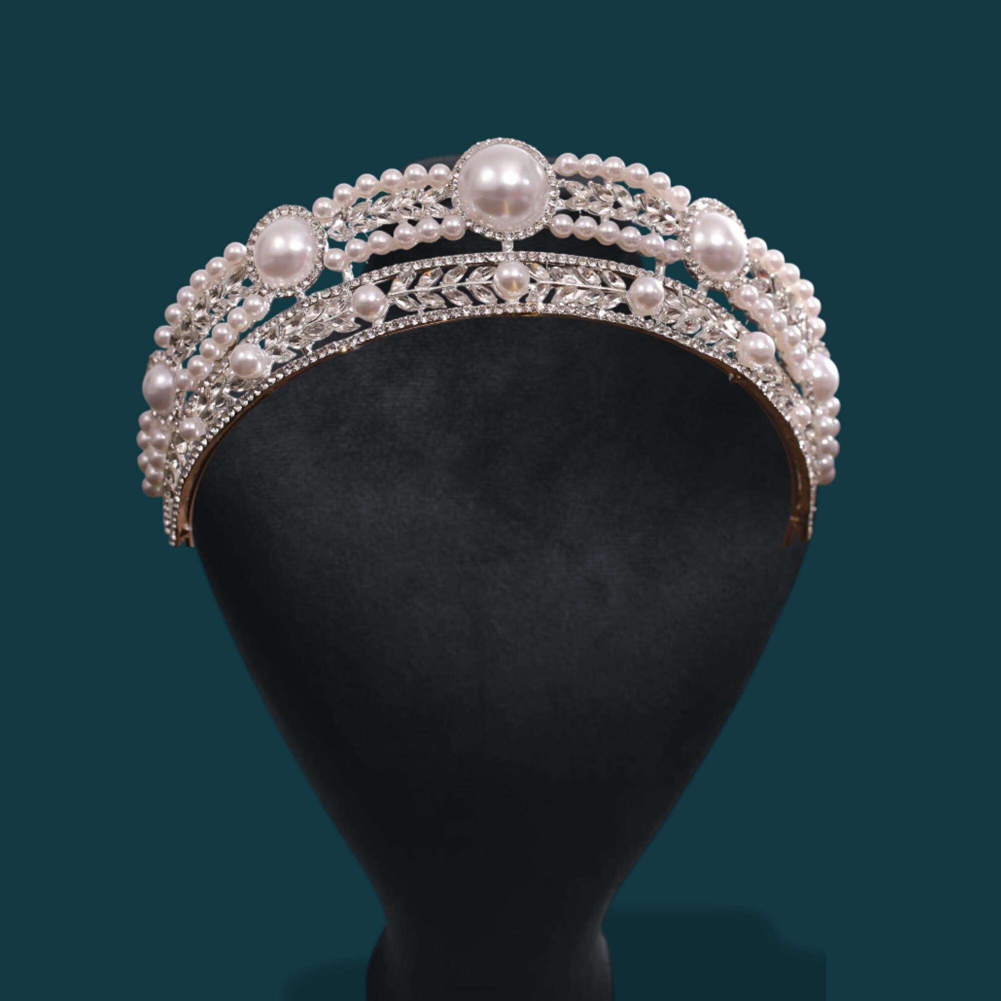 Pearl Bridal Tiara Crown | Silver Rhinestone Headpiece  display picture 1