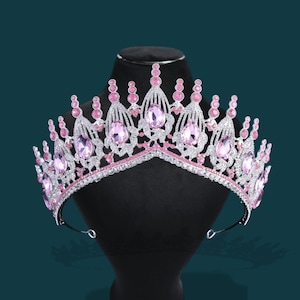 Geometric Bridal Pink Crystal Crown, Elegant Silver/Gold Wedding Tiara, Handmade Crown, Pink Rhinestone Princess Bridal Diadem Tiara