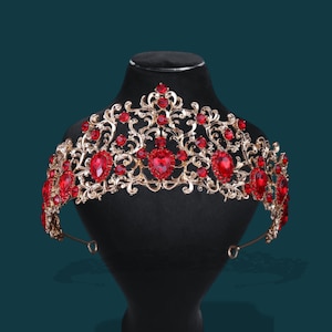 Red Bridal Crown, Princess Red Rhinestone Gold Crown, Pageant Women Gold Tiara, Prom Party Tiara, Bridal Hair Accessory,Tiara Crown