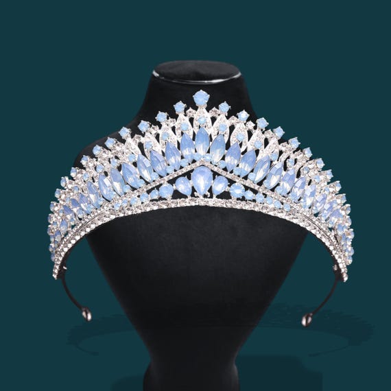 Blue Sapphire Opal Bridal Crown: Silver Rhinestone Tiara