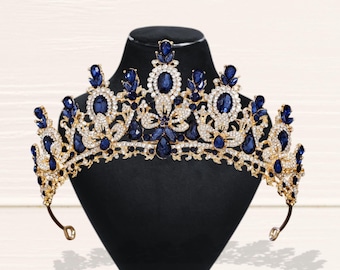 ダークブルーのブライダルゴールドクラウン、プリンセスロイヤルティアラ、キンセアニェーラ＆ページェントクラウン、ヘアジュエリー